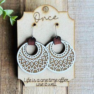 New wood engraved circle mandala Aztec earrings with positive affirmation card